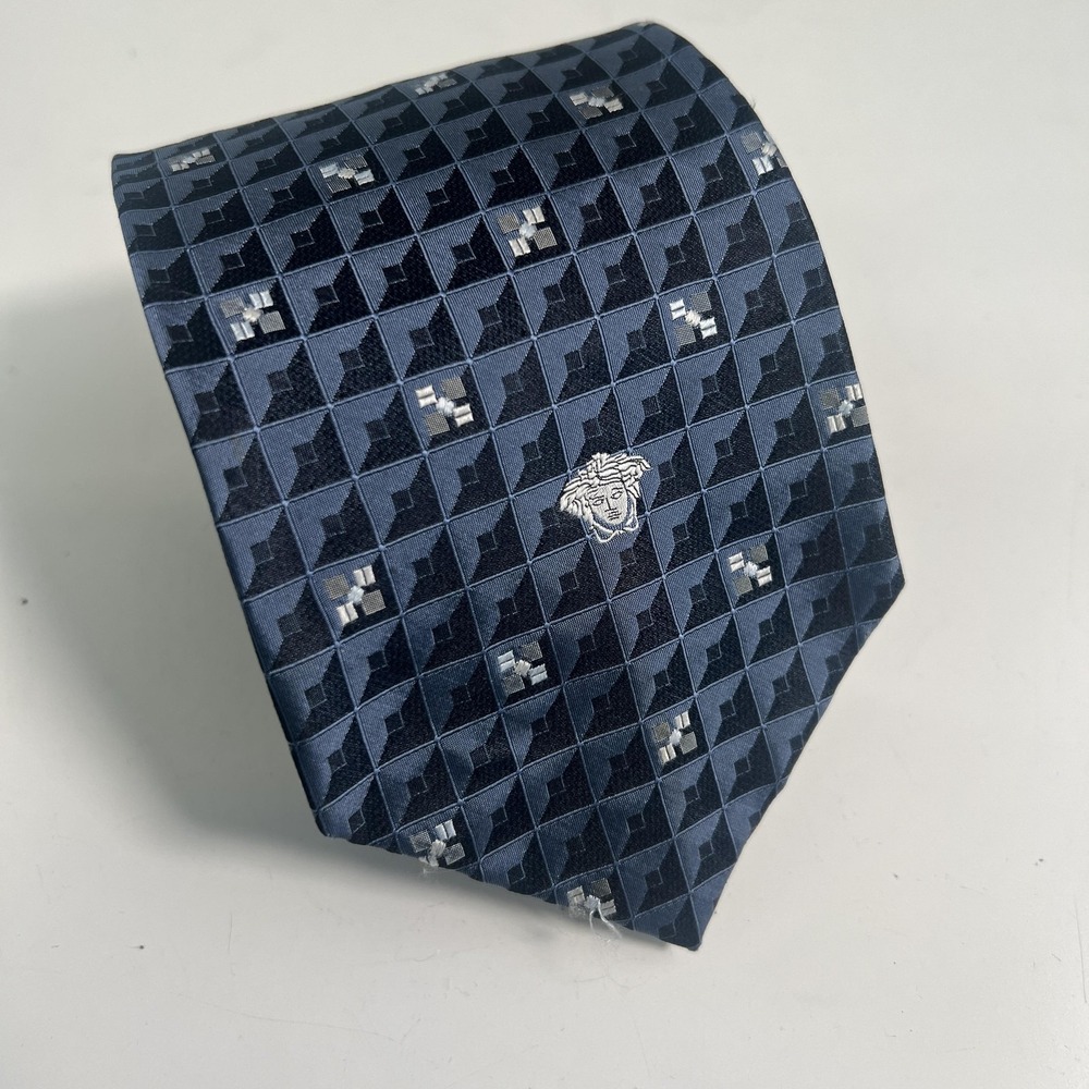 Gianni Versace Silk Tie Mens Blue Geometric Medusa Logo Made In Italy Necktie